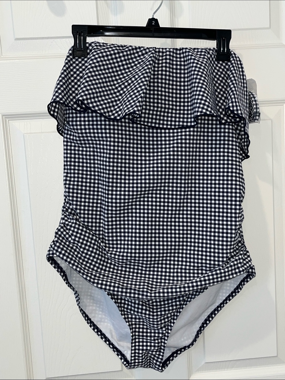 Gingham Off-Shoulder One-Piece Swimsuit - Blue & White